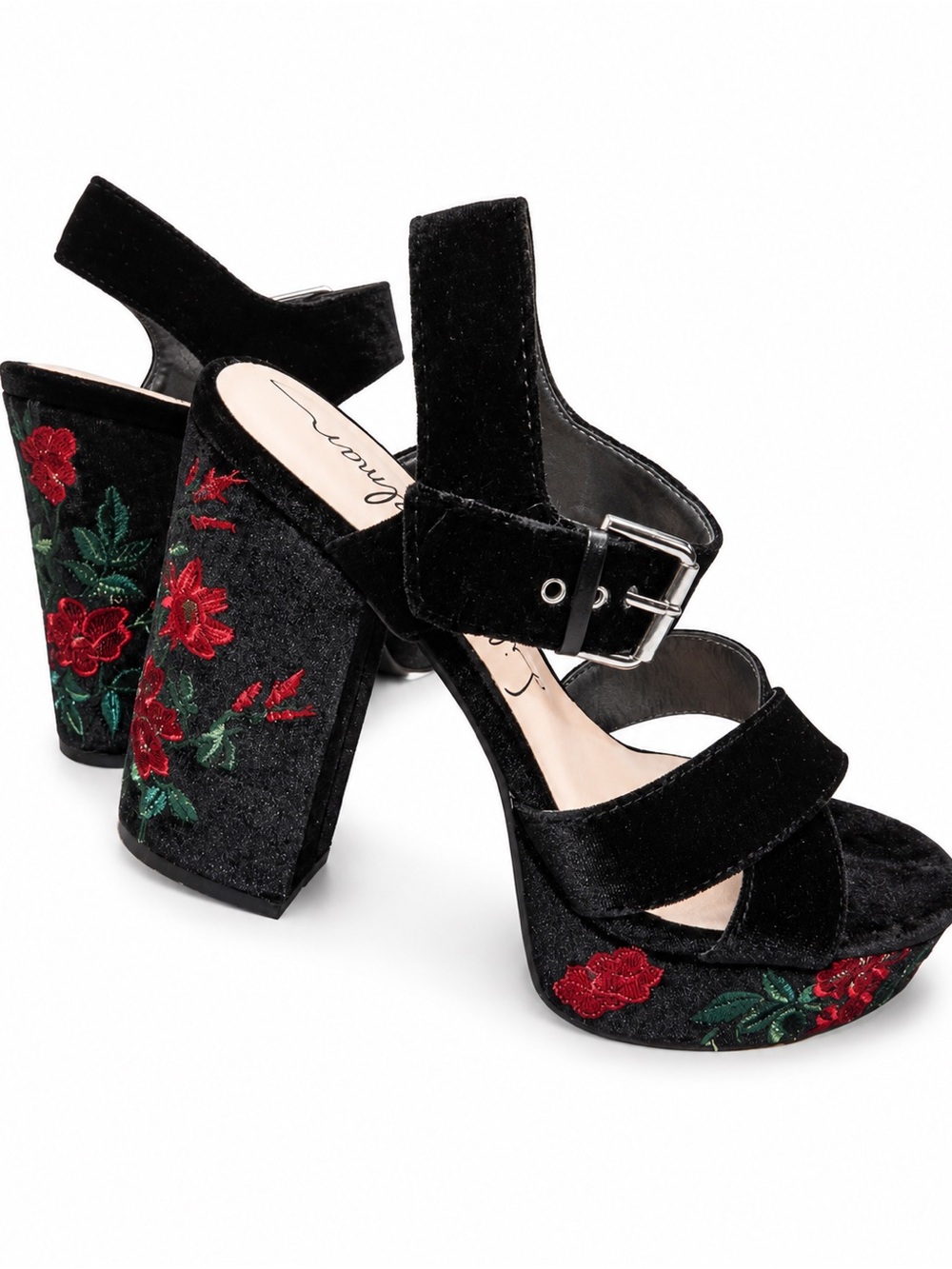 Libby Edelman Marcy Black Velvet Floral Embroidered Platform Sandals Size 10